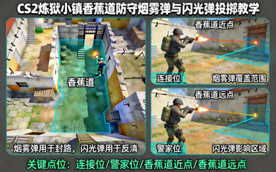 CS2炼狱小镇香蕉道防守烟雾弹与闪光弹投掷教学